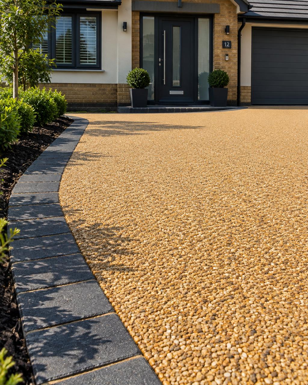 Golden resin bound driveway with charcoal block edging leading to a front door