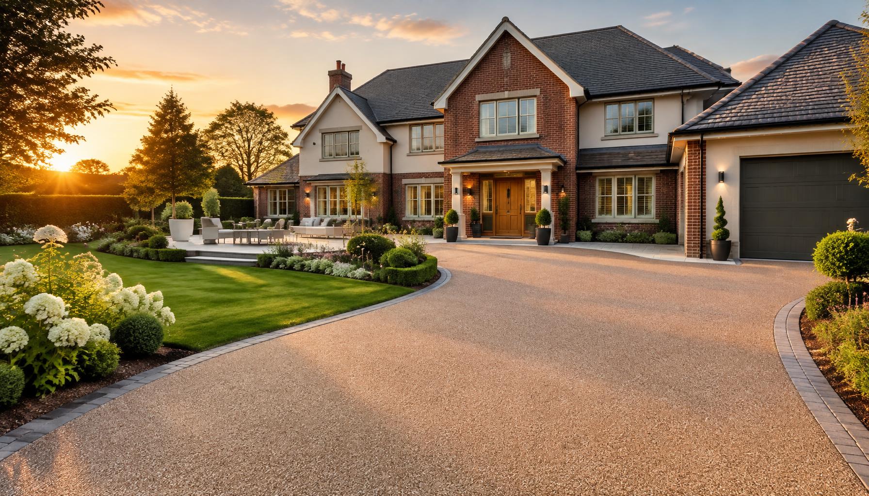 Large detached home with a sweeping new resin driveway at sunset